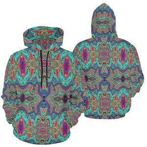 Hoodies for Women, Wavy Sea Foam Green and Red Trippy Pattern