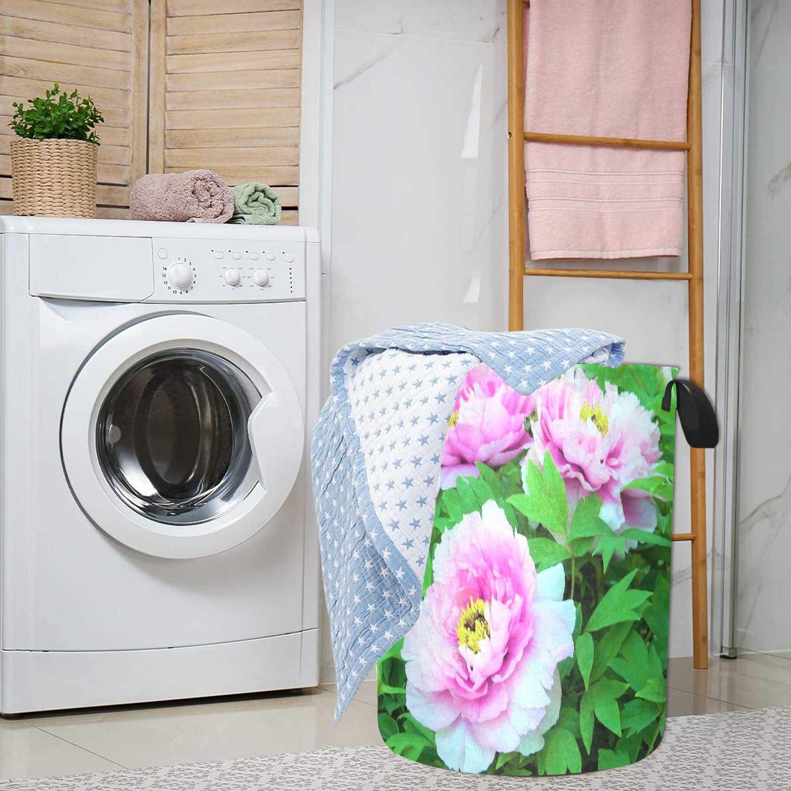 Fabric Laundry Basket with Handles, Elegant Pink Tree Peony Flowers with Yellow Centers