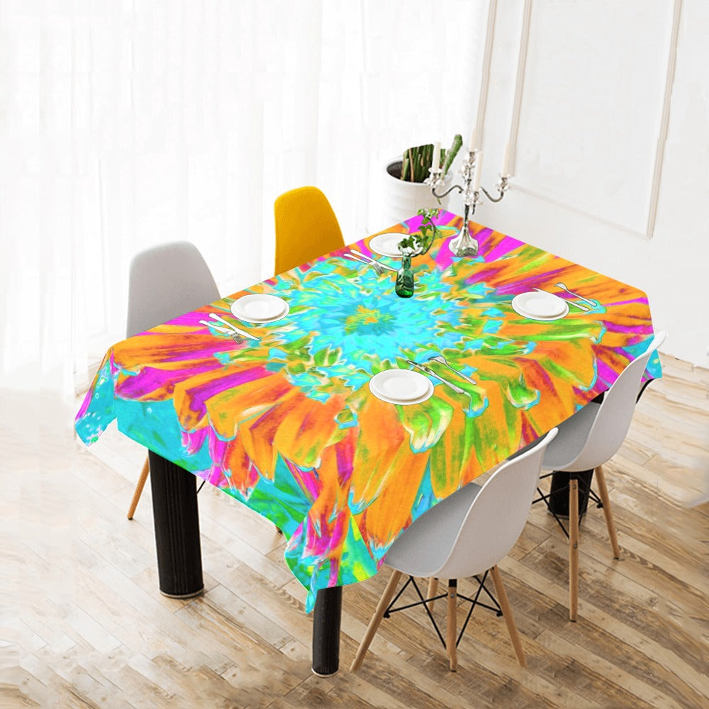 Tablecloth for Rectangular Tables, Tropical Orange and Hot Pink Decorative Dahlia - 70 by 52"