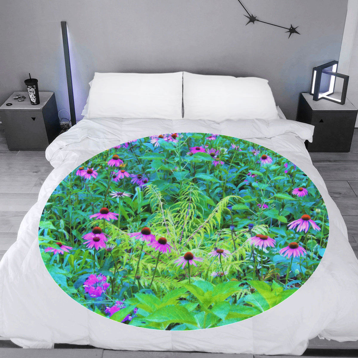 Round Throw Blankets, Purple Coneflower Garden with Chartreuse Foliage