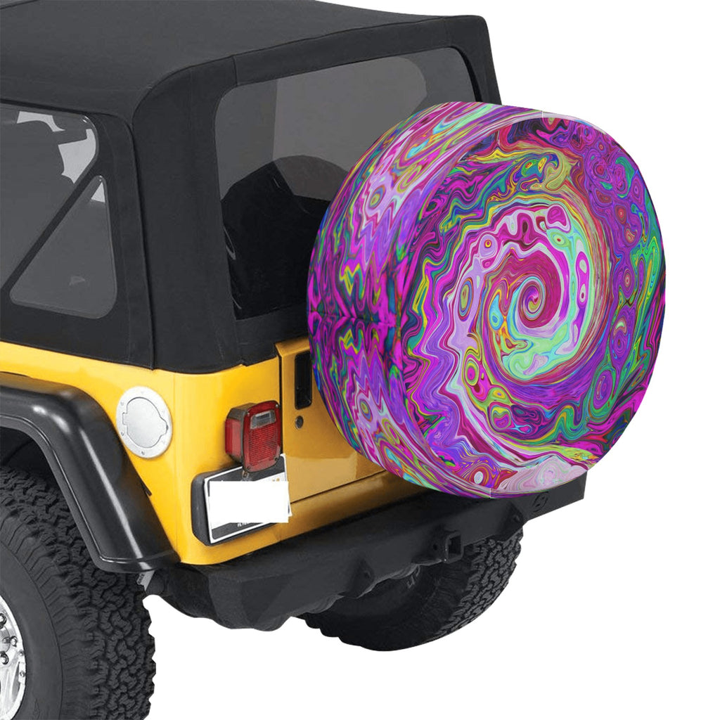 Spare Tire Covers, Groovy Abstract Retro Magenta Rainbow Swirl - Large