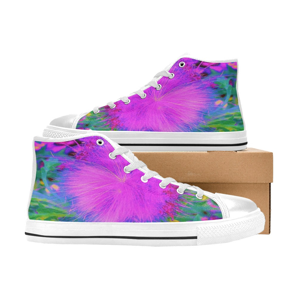 High Top Sneakers for Women, Psychedelic Nature Ultra-Violet Purple Milkweed - White