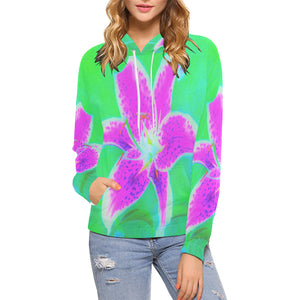Hoodies for Women, Hot Pink Stargazer Lily on Turquoise and Green