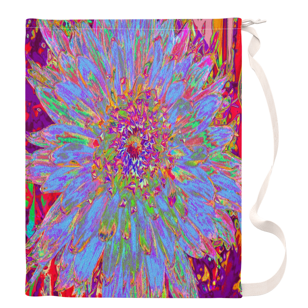 Large Laundry Bags, Psychedelic Groovy Blue Abstract Dahlia Flower