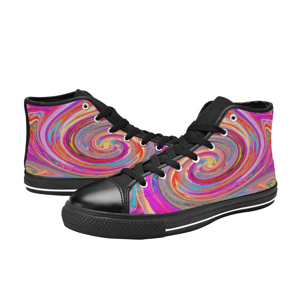 High Top Sneakers for Women, Colorful Rainbow Swirl Retro Abstract Design - Black