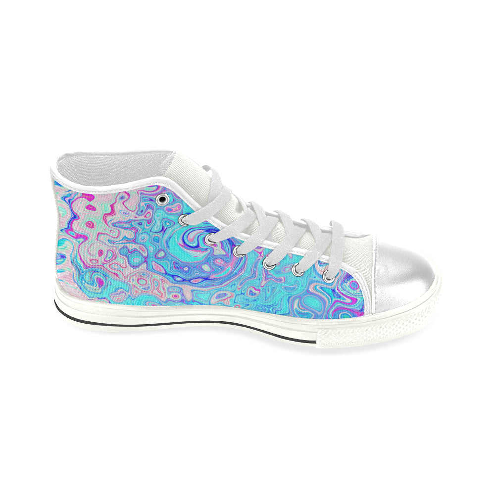 High Top Sneakers for Women, Groovy Abstract Retro Robin's Egg Blue Liquid Swirl - White
