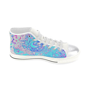 High Top Sneakers for Women, Groovy Abstract Retro Robin's Egg Blue Liquid Swirl - White