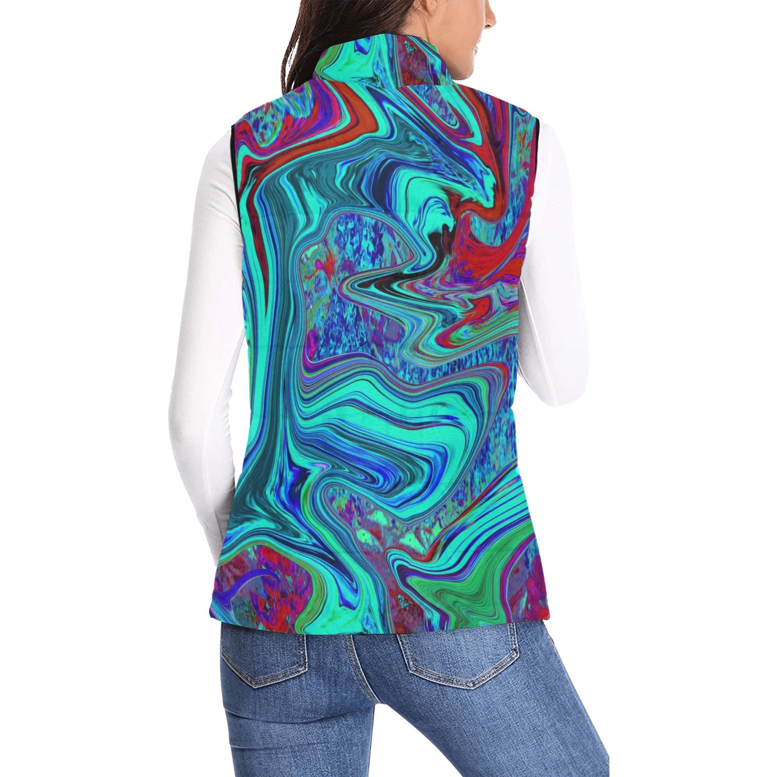 Women's Stand Collar Vest, Groovy Abstract Retro Art in Blue and Red