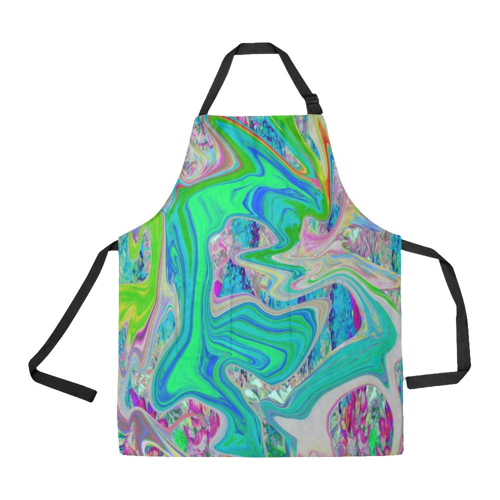 Apron with Pockets, Colorful Marbled Lime Green Abstract Retro Liquid Art