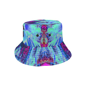 Bucket Hats, Psychedelic Retro Green and Blue Hibiscus Flower