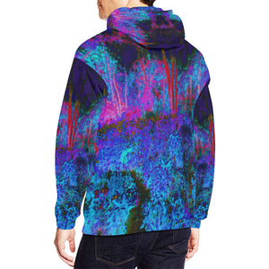 Hoodies for Men, Impressionistic Dark Blue and Red Garden Landscape