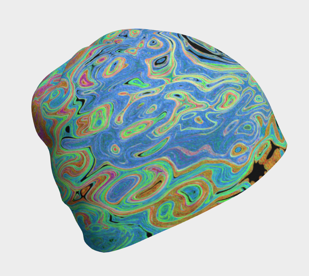 Beanie Hats, Watercolor Blue Groovy Abstract Retro Liquid Swirl