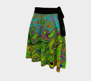 Wrap Skirts for Women, Groovy Abstract Retro Lime Green and Blue Swirl