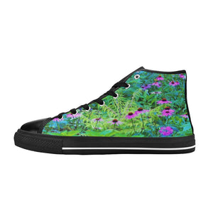 High Top Sneakers for Women, Purple Coneflower Garden with Chartreuse Foliage - Black