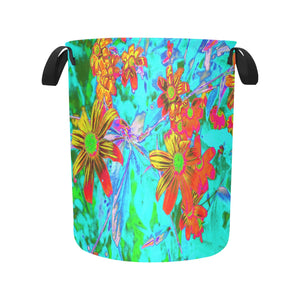 Fabric Laundry Basket with Handles, Aqua Tropical with Yellow and Orange Flowers