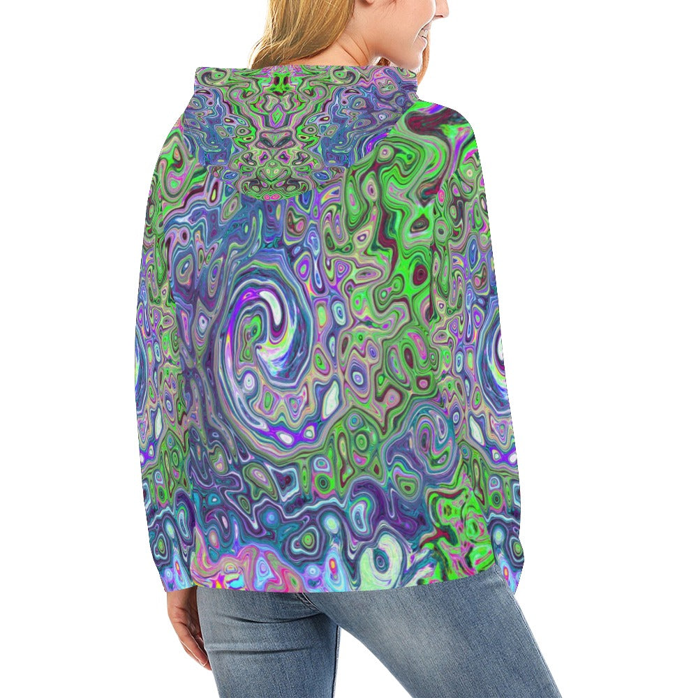 Hoodies for Women, Marbled Lime Green and Purple Abstract Retro Swirl