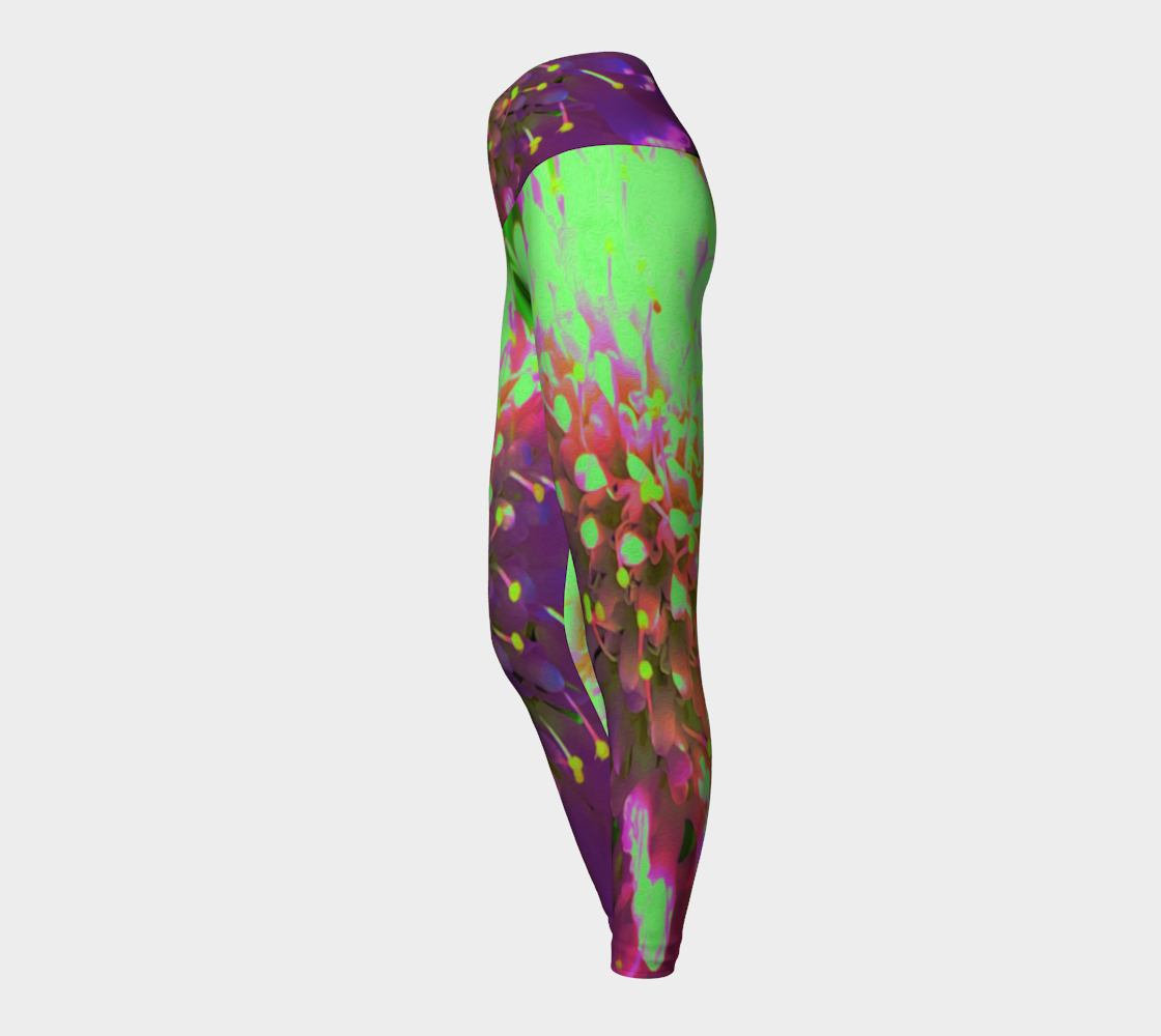 Artsy Yoga Leggings, Abstract Pincushion Flower in Lime Green and Purple