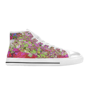 High Top Sneakers for Women, Elegant Chartreuse Green, Pink and Blue Hydrangea - White