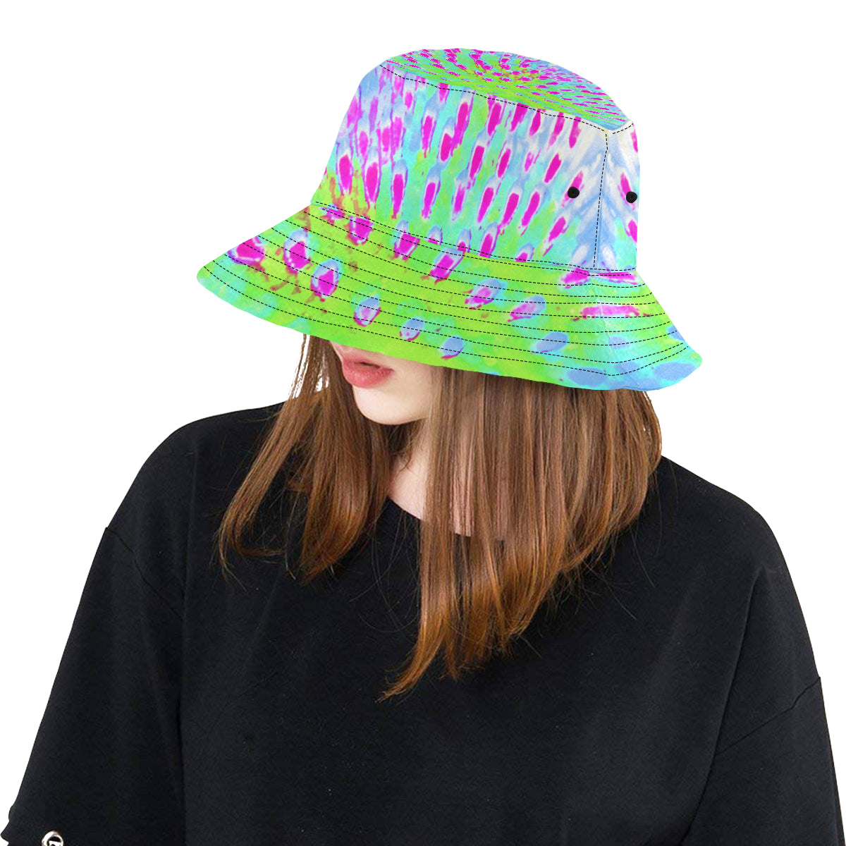Bucket Hats, Lime Green and Purple Abstract Cone Flower