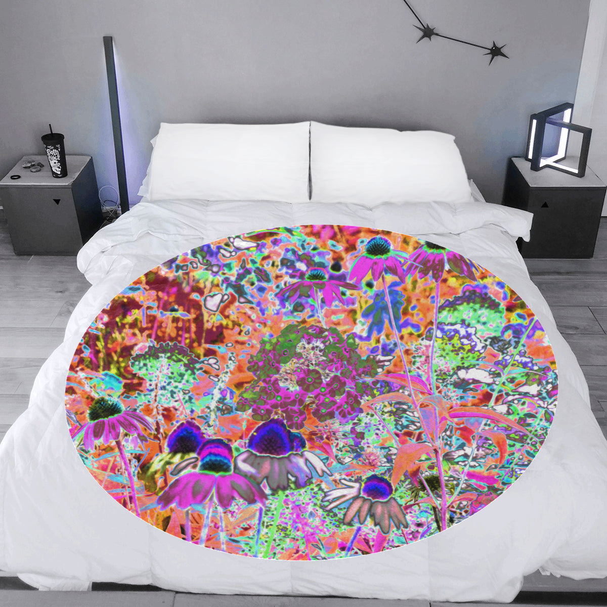 Round Fleece Blankets, Psychedelic Hot Pink and Lime Green Garden Flowers