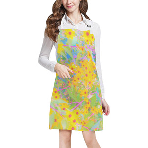 Apron with Pockets, Pretty Yellow and Red Flowers with Turquoise