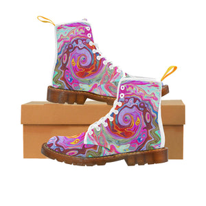 Colorful Boots for Women, Groovy Abstract Retro Hot Pink and Blue Swirl, White