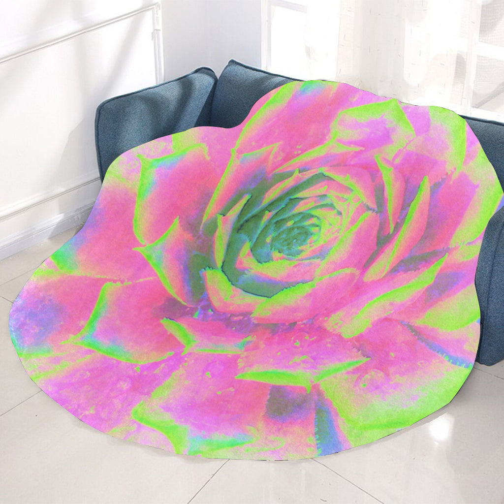 Round Throw Blankets, Lime Green and Pink Succulent Sedum Rosette