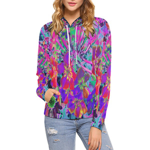 Hoodies for Women, Dramatic Psychedelic Colorful Red and Purple Flowers