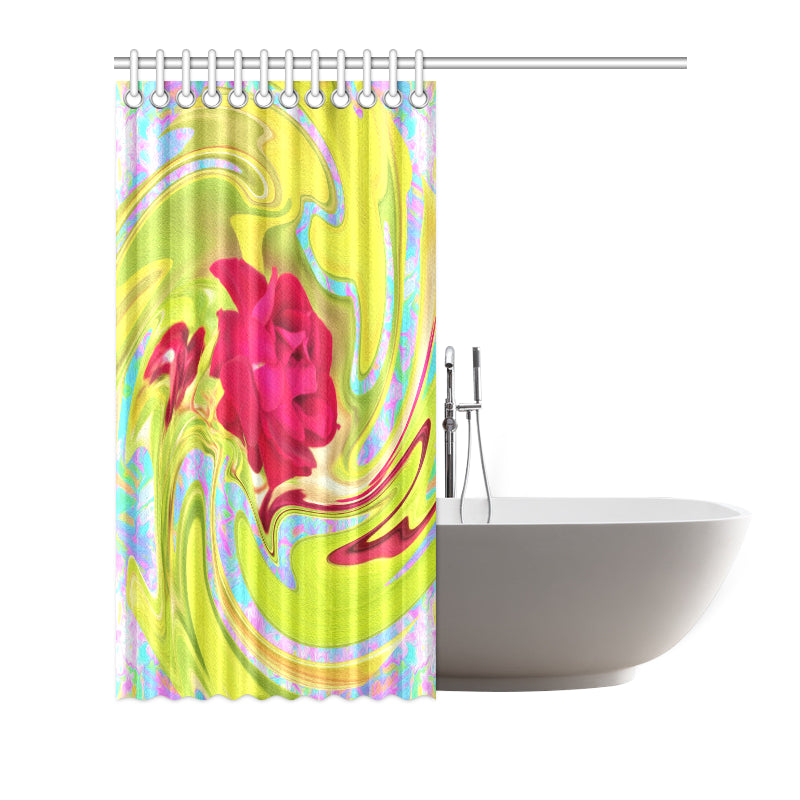 Shower Curtain, Painted Red Rose on Yellow and Blue Abstract