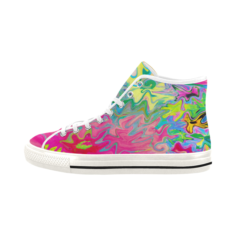 Colorful High Top Sneakers for Women, Colorful Flower Garden Abstract Collage, White