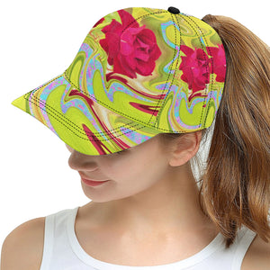 Snapback Hats, Painted Red Rose on Yellow and Blue Abstract