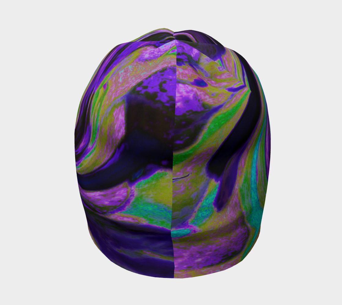 Beanie Hats, Cool Retro Purple and Chartreuse Liquid Art Swirl