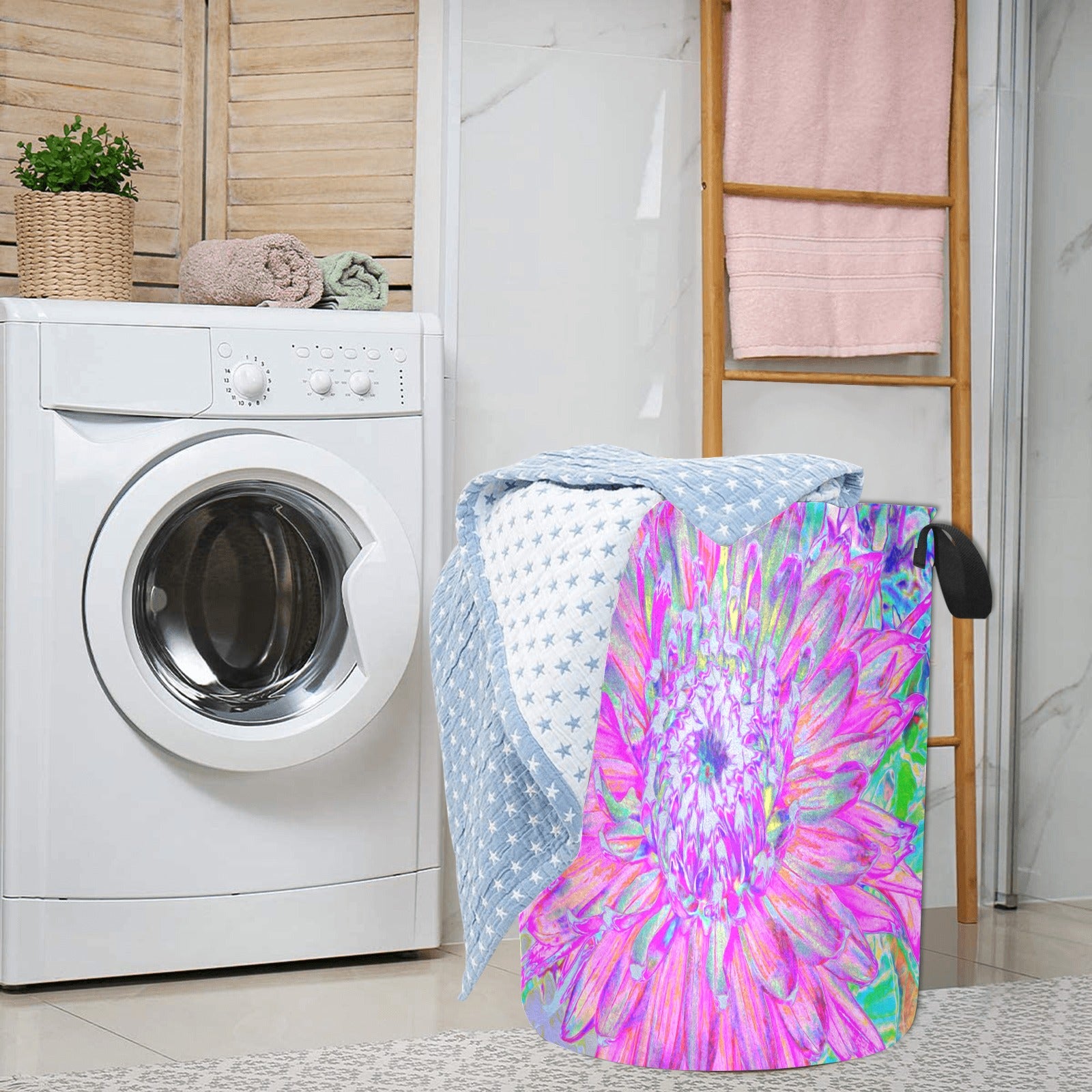 Fabric Laundry Basket with Handles, Cool Pink Blue and Purple Artsy Dahlia Bloom