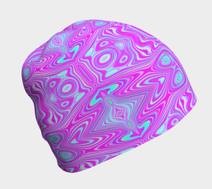 Beanie Hats, Trippy Hot Pink and Aqua Blue Abstract Pattern