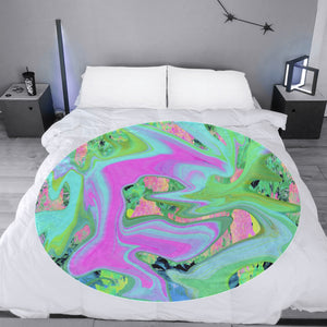 Round Throw Blankets, Retro Pink and Light Blue Liquid Art on Hydrangea