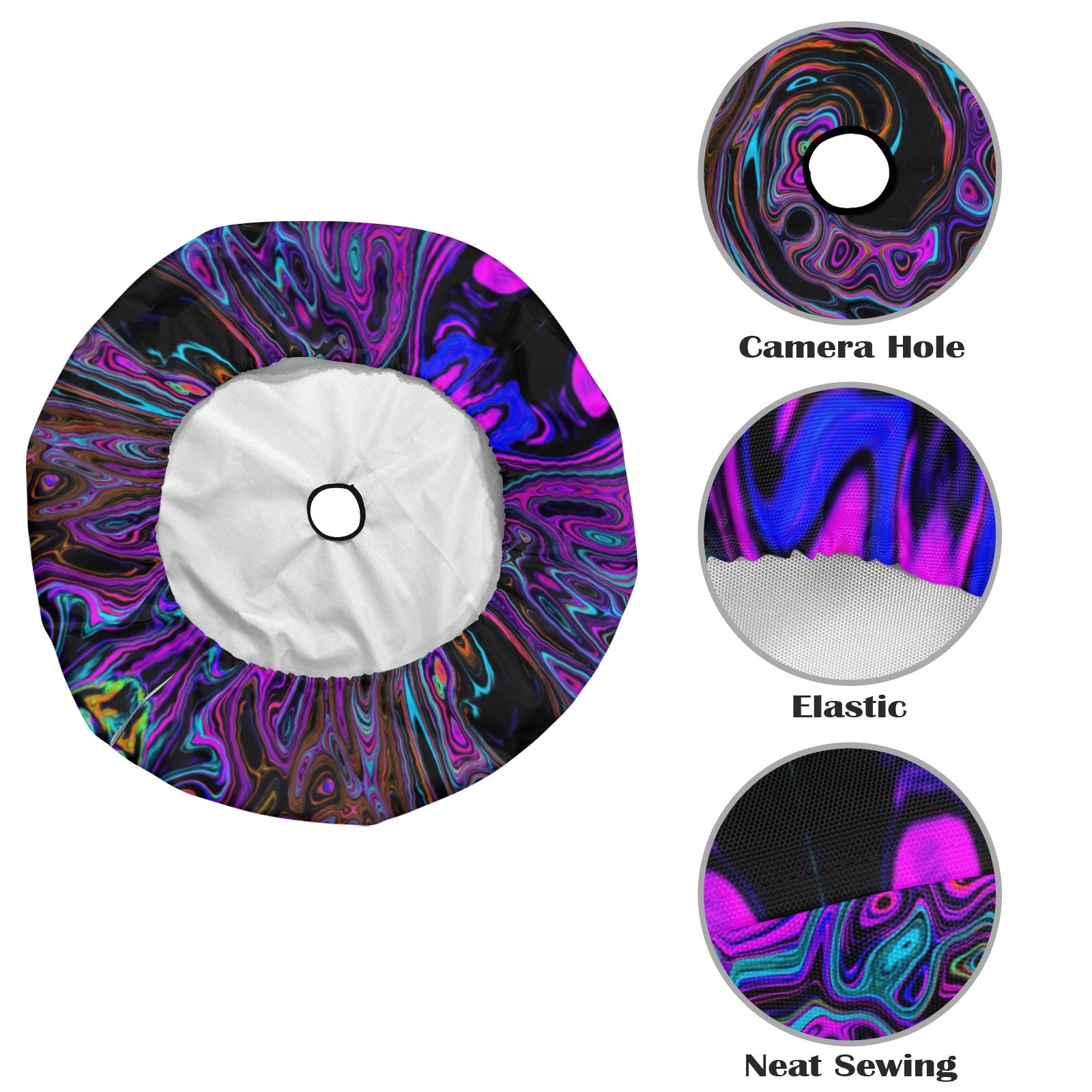 Spare Tire Cover with Backup Camera Hole - Trippy Black and Magenta Retro Liquid Swirl - Medium