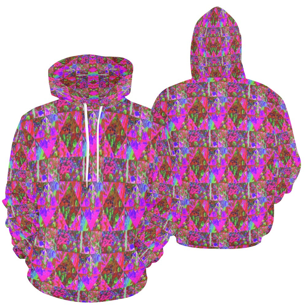 Hoodies for Women, Trippy Garden Quilt Painting with Lime Green Hydrangea