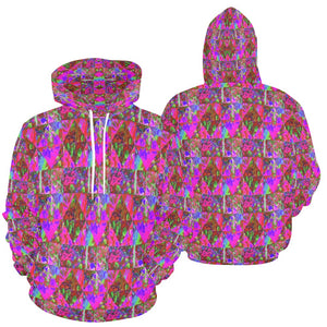 Hoodies for Women, Trippy Garden Quilt Painting with Lime Green Hydrangea