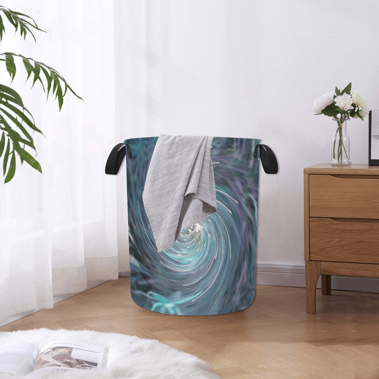 Fabric Laundry Basket with Handles, Cool Abstract Retro Black and Teal Cosmic Swirl