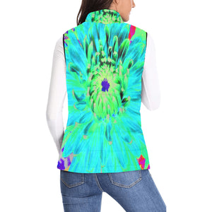 Women's Stand Collar Vest, Abstract Aqua Decorative Dahlia Flower