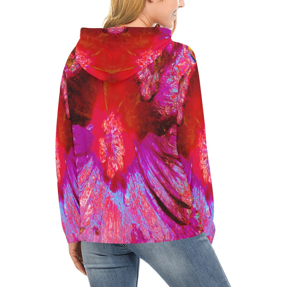 Hoodies for Women, Psychedelic Trippy Retro Red Hibiscus Flower