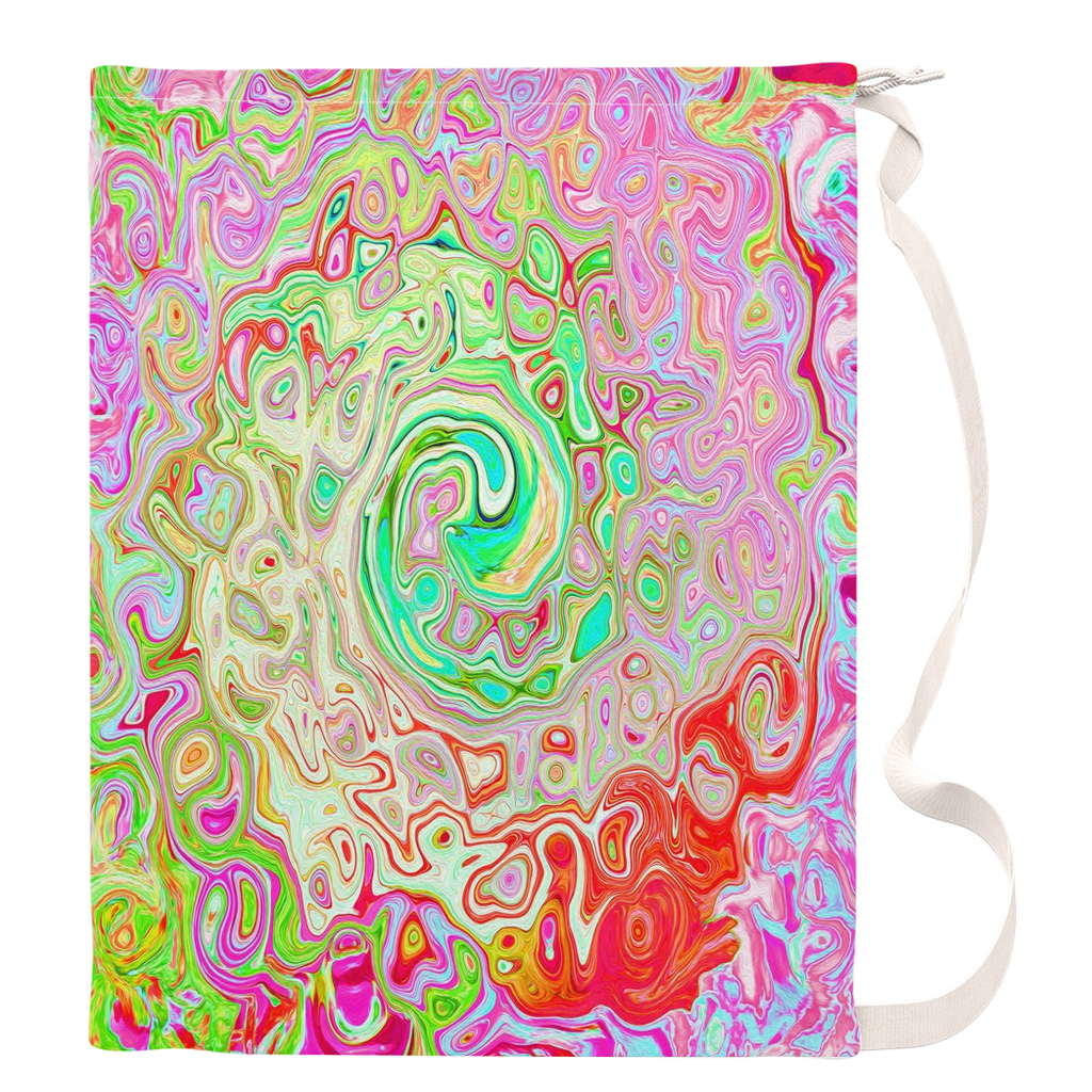 Large Laundry Bags, Groovy Abstract Retro Pastel Green Liquid Swirl