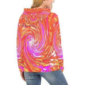 Hoodies for Women, Abstract Retro Magenta and Autumn Colors Floral Swirl
