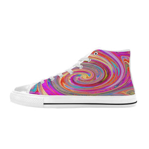 High Top Sneakers for Women, Colorful Rainbow Swirl Retro Abstract Design - White