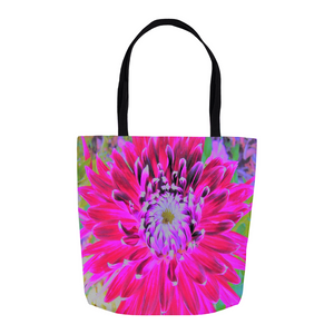 Colorful Floral Tote Bags, Dramatic Crimson Red and Pink Dahlia Flower