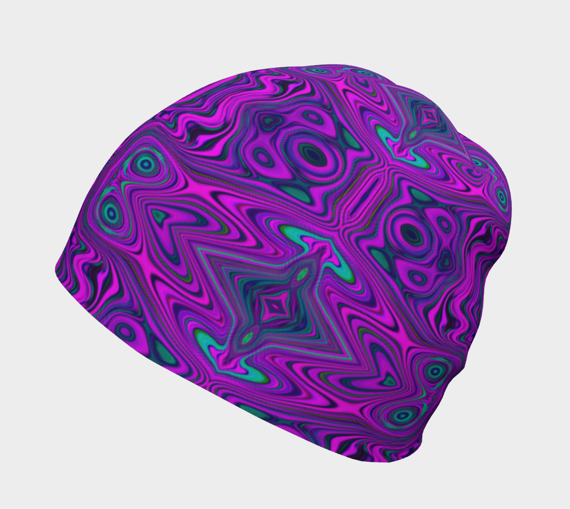 Beanie Hats, Trippy Retro Magenta and Black Abstract Pattern
