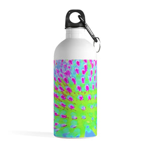 Stainless Steel Water Bottle, Lime Green and Purple Abstract Cone Flower