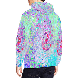 Hoodies for Men, Groovy Abstract Retro Pink and Green Swirl