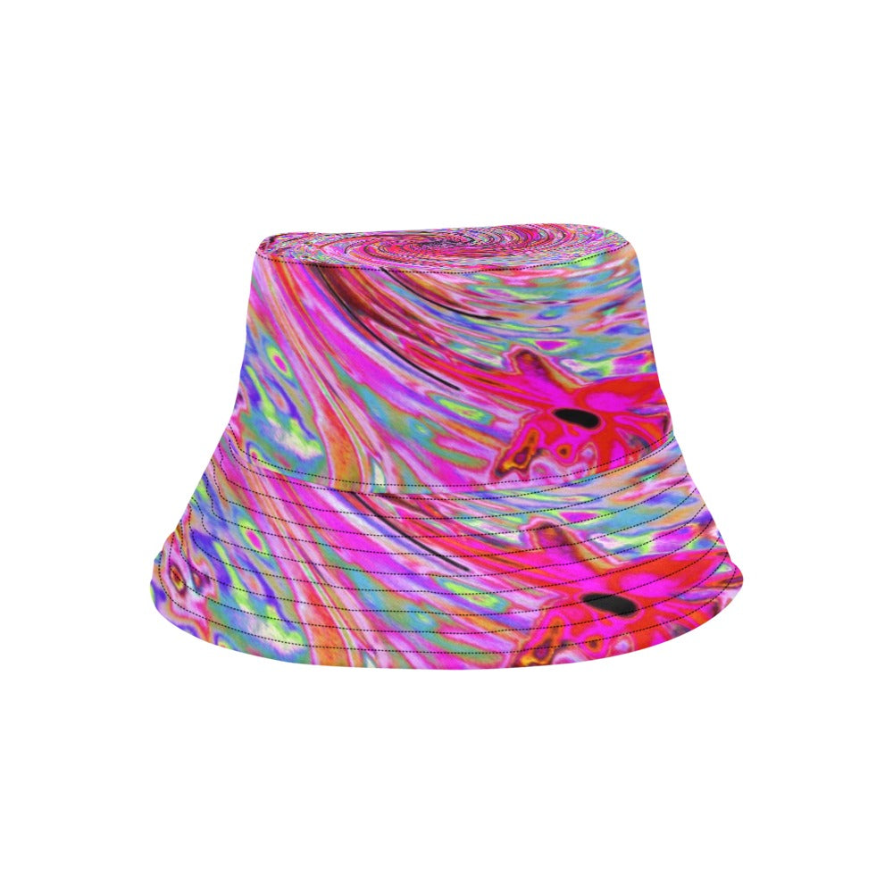 Bucket Hats, Cool Abstract Retro Hot Pink and Red Floral Swirl