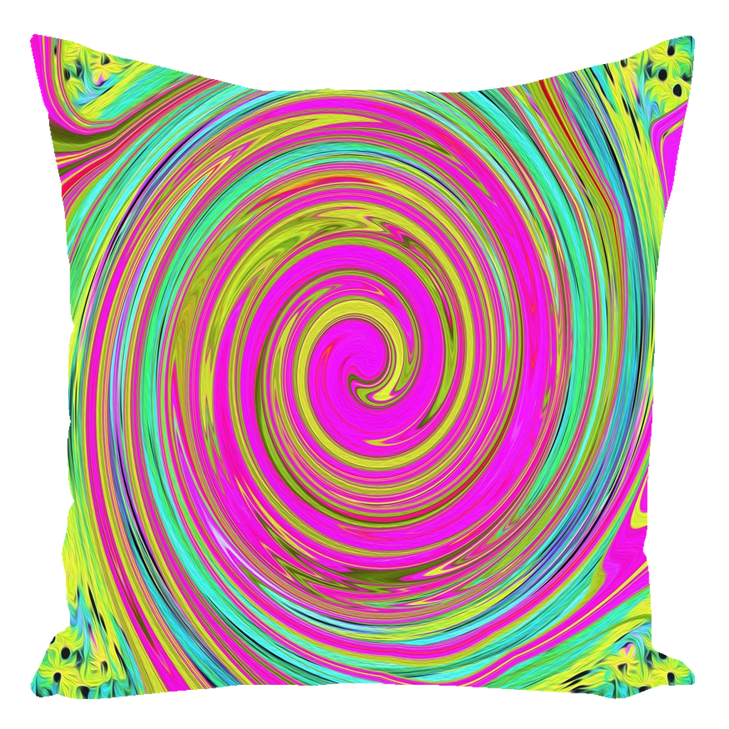 Decorative Throw Pillows, Groovy Abstract Pink and Turquoise Swirl with Flowers, Square